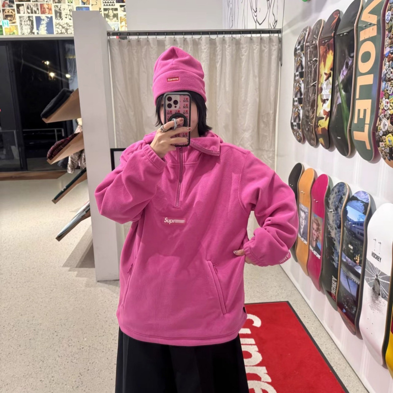 Sup X Pol American Street Style Half-Zip Fleece Pullover Sweatshirt Black Warrior Mask Hoodie Fleece Jacket Trendy