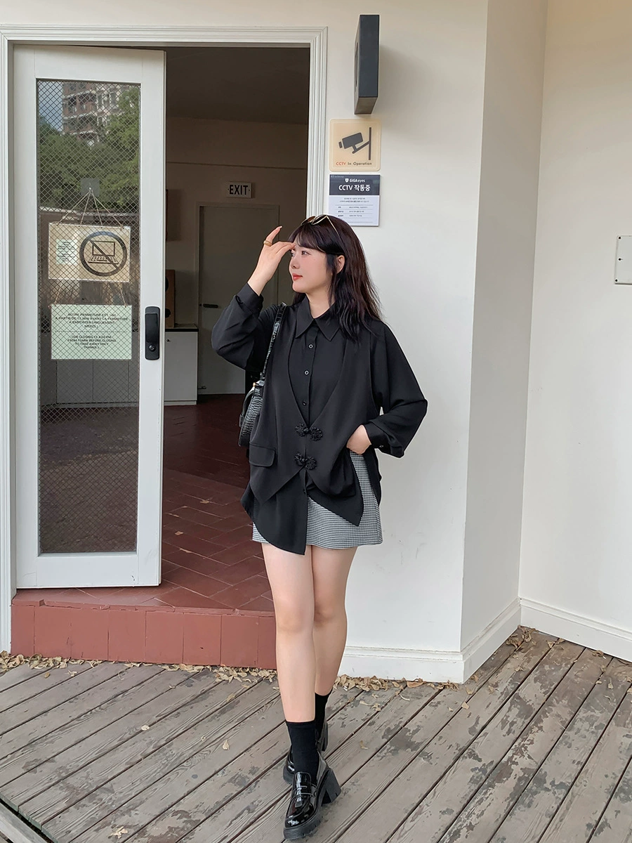 W1053秋季新品加肥胖mm假两件中式衬衫 设计感国风衬衣女叠穿-BFD