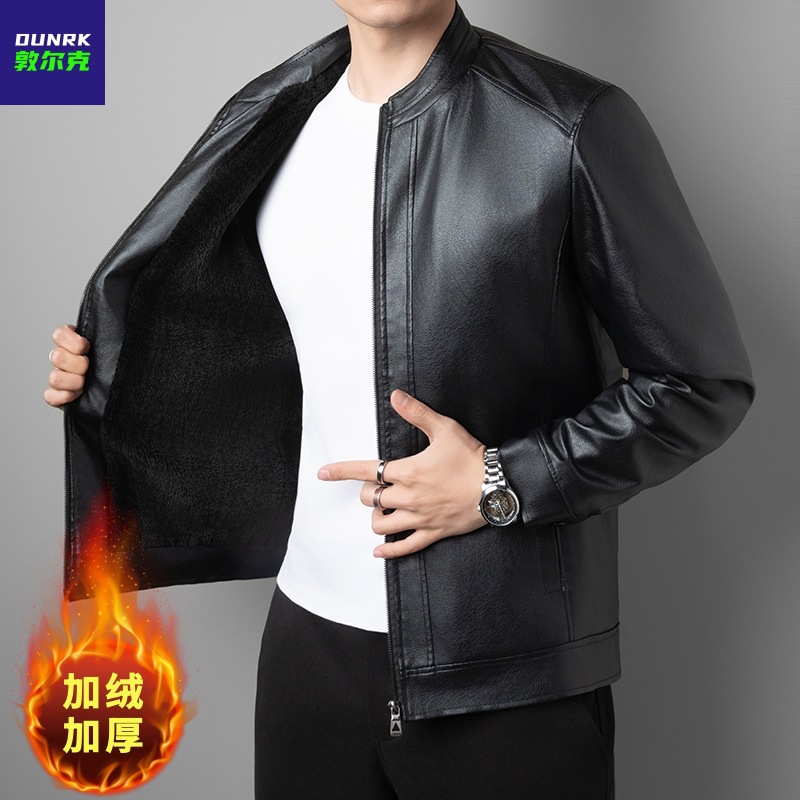 Fleece-lined men's stand-up collar leather jacket, warm autumn and winter men's PU leather coat, thickened loose-fitting jacket for middle-aged and elderly men