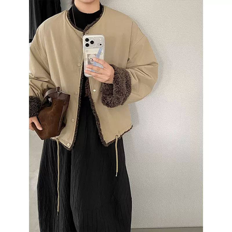 江左 牛乳酥酥 羊羔毛拼接韩系抽绳棉服女撞色加厚百搭棉衣 1715