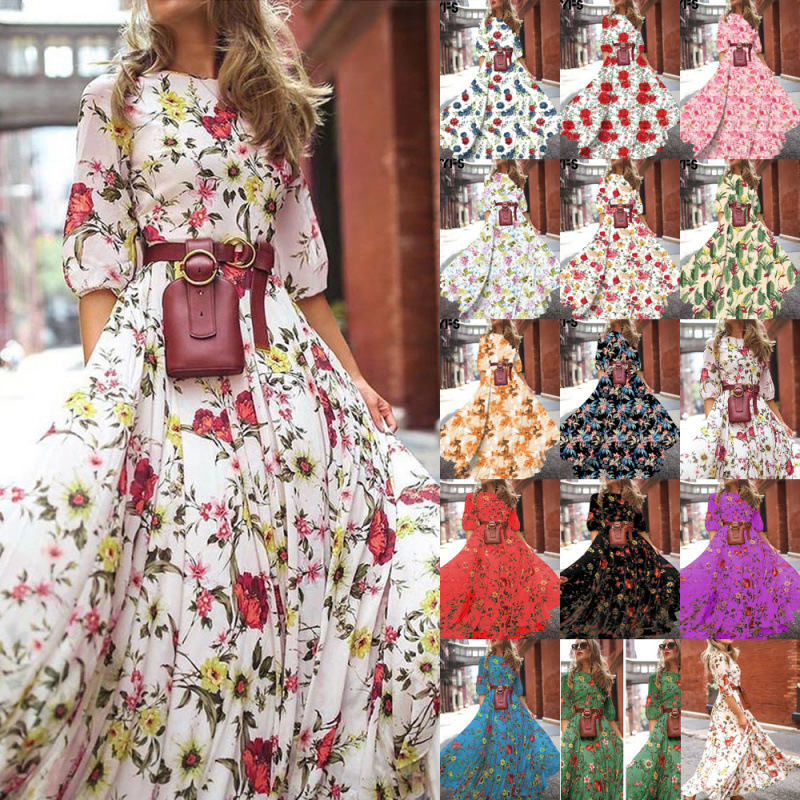 2025 Spring and Autumn European and American New Cross-Border Amazon Dress Printed Large Swing Elegant Chiffon Floral Slim Long Dress