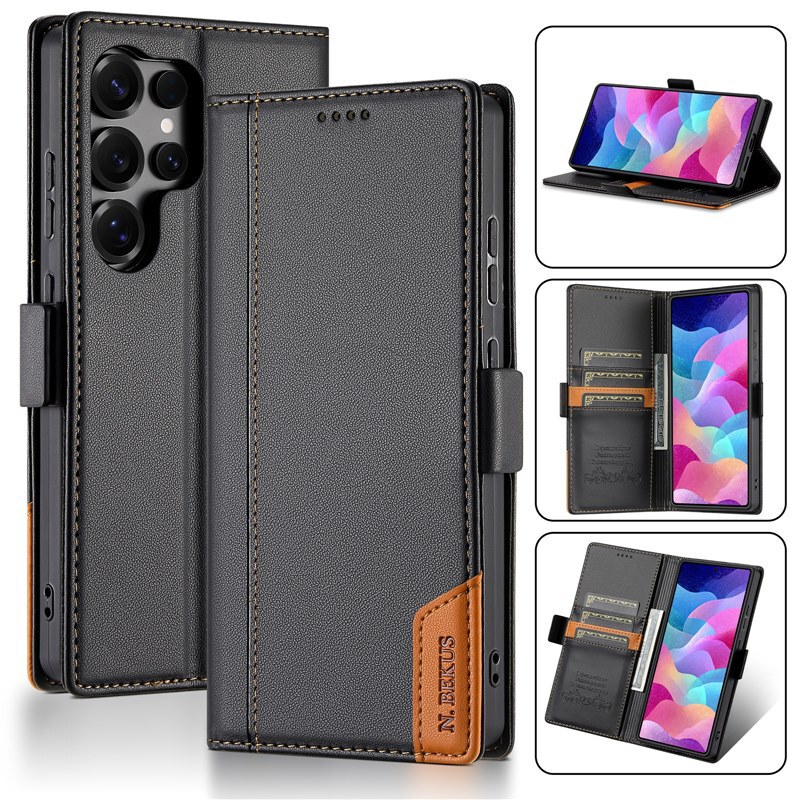 Suitable for Samsung S26Ultra Mobile Phone Leather Case, Anti-Theft Swipe Protection, S26 Solid Color Splicing Flip Cover Business Protective Case