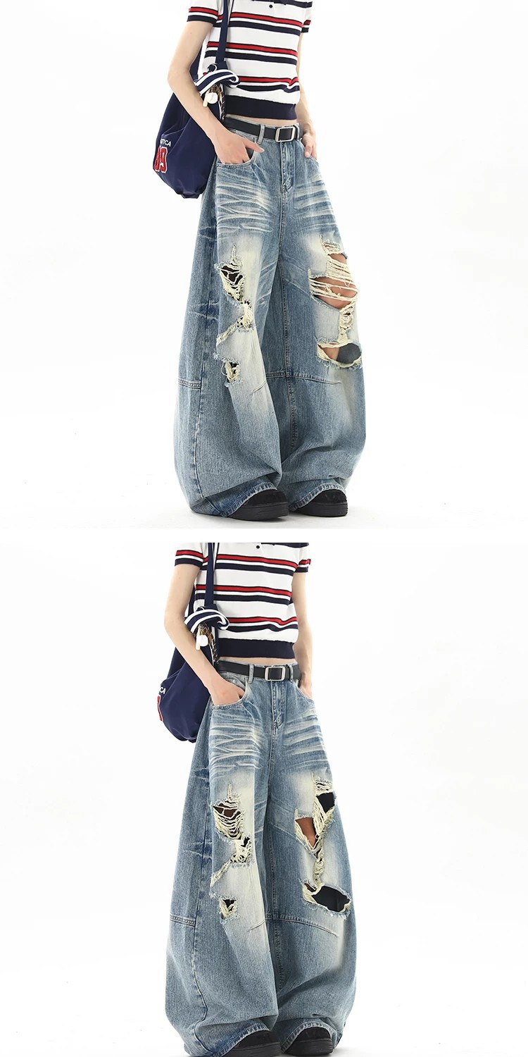 Men Women Washed Whiskering Ripped Jeans Street Style Summer New Retro Cool Scimitar Wide Leg Trousers_mkmklike.com