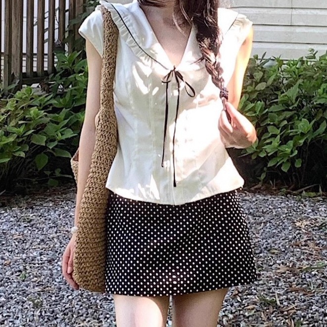 甜美海军领修身显瘦木耳边衬衫波点半身裙女2025夏季新款时尚套装|undefined