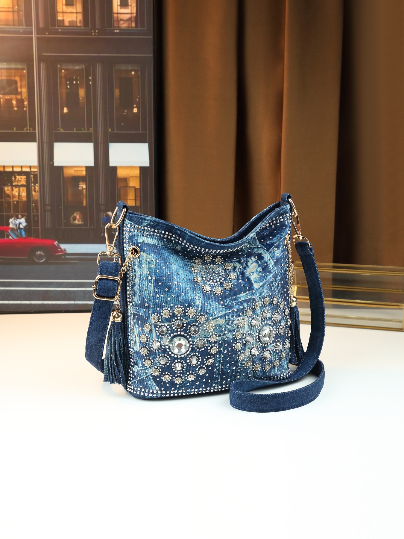 Borsa a spalla da donna in jeans con strass borsa a tracolla_voghion.com