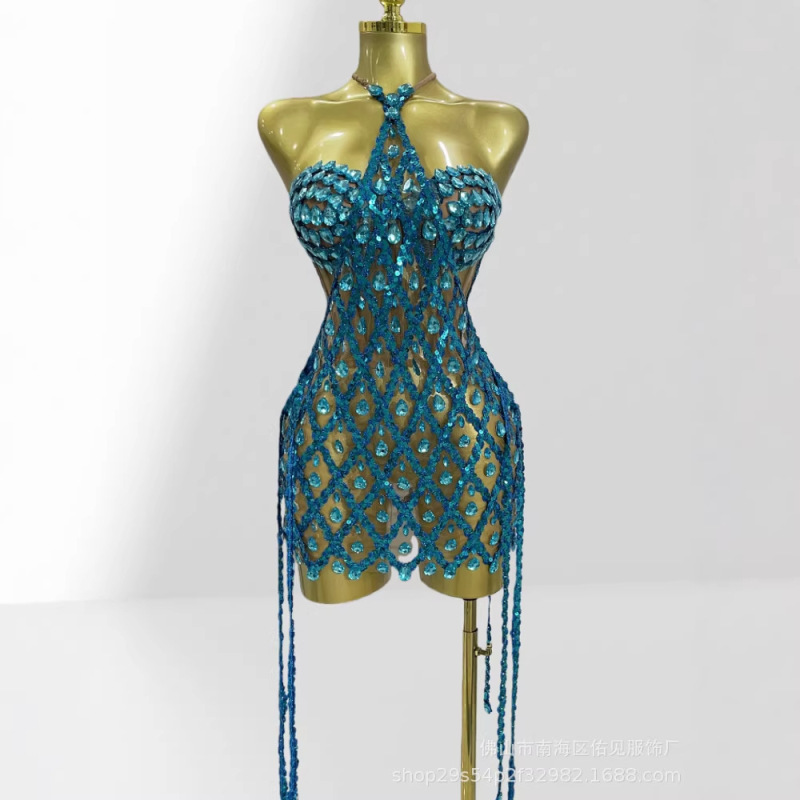 Cross-Border Luxury Rhinestone Vest Top + See-Through Sequin Cover-Up Set European and American Fashion Party Performance Dress Cross-Border Luxury Rhinestone Vest Top + See-Through Sequin Cover-Up Set European and American Fashion Party Performance Dress