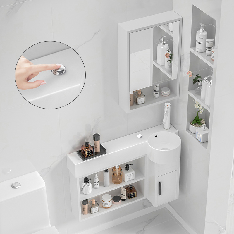 Press-To-Drain P-Type Open Shelf Storage Cabinet, Narrow Width Wall-Mounted Bathroom Cabinet with Integrated Ceramic Basin Washbasin