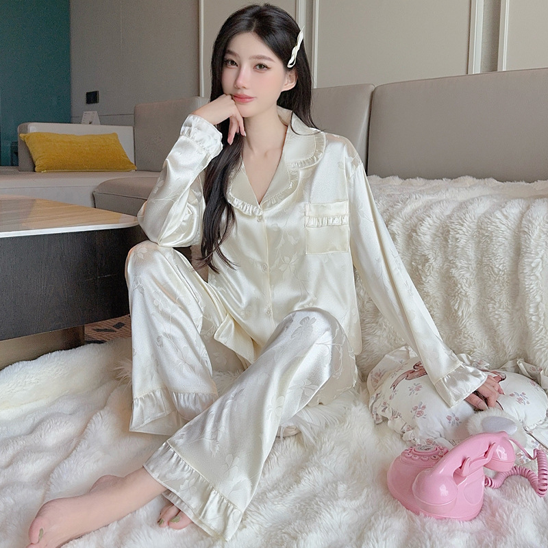 奢华高贵女士睡衣春秋新款丝绸长袖高级花卉冰丝家居服两件套批发|undefined