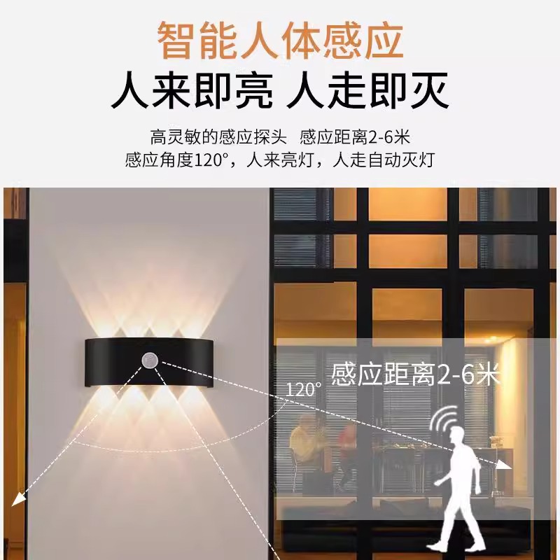 Lámpara de pared para exteriores con sensor de cuerpo humano Lámpara de pared con sensor inteligente impermeable Lámpara de pared con pasillo y pasillo Lámpara de pared impermeable de lujo ligero