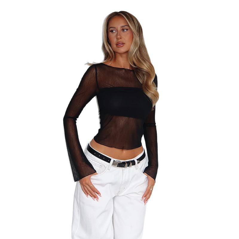 Europa y América transfronteriza 2025 verano nuevo estilo cuello redondo malla de manga larga transparente top de cintura abierta con camiseta de chica caliente image 6