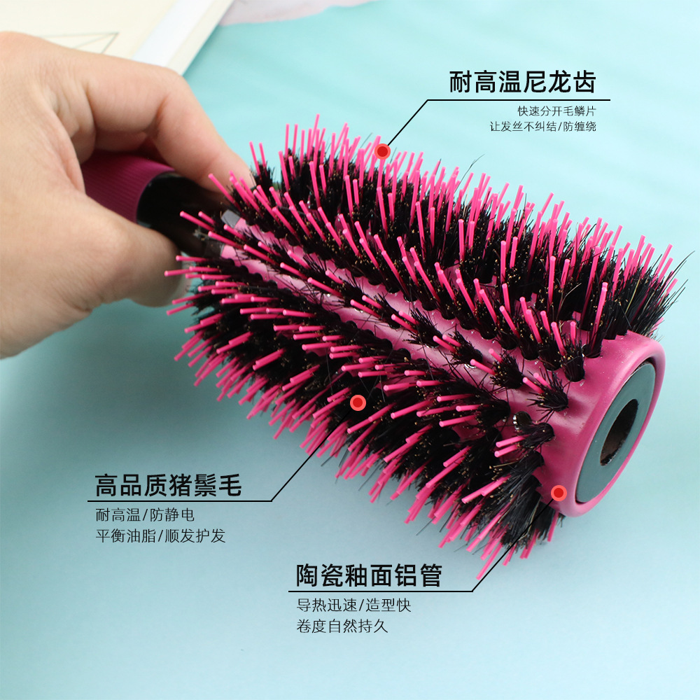 Amazon venta caliente tubo de aluminio conductor de calor brasileño rodante pein de cerdas de cerdo resistente a altas temperaturas pein rosado rizado mango de pein de cabello