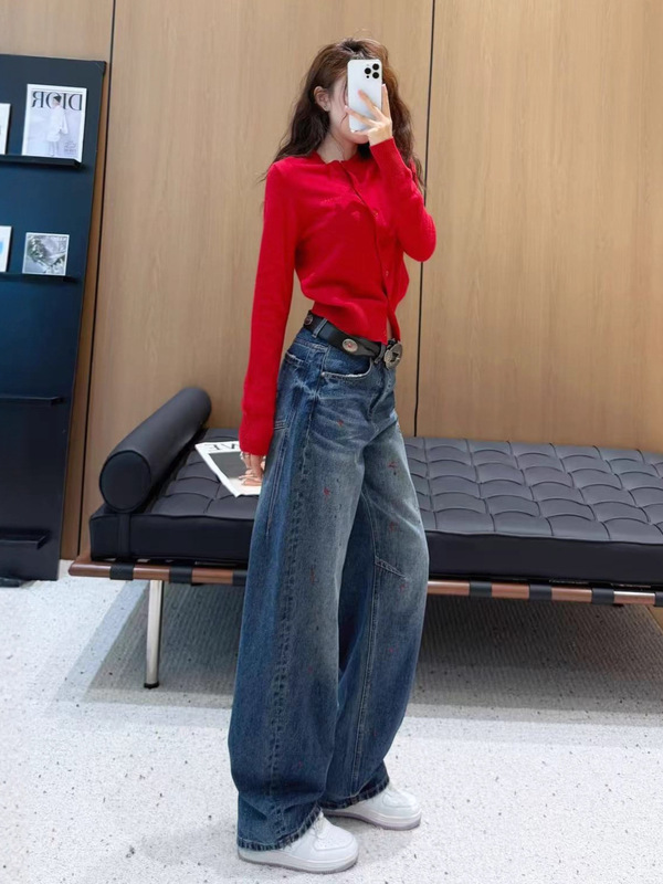 早秋新款泼墨涂鸦潮流阔腿显瘦牛仔裤南油女裤遮肉显腿长直筒裤|undefined