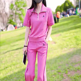 甜美风粉色时尚拉链立领通勤短袖网球衫两件套女装休闲直筒裤潮流