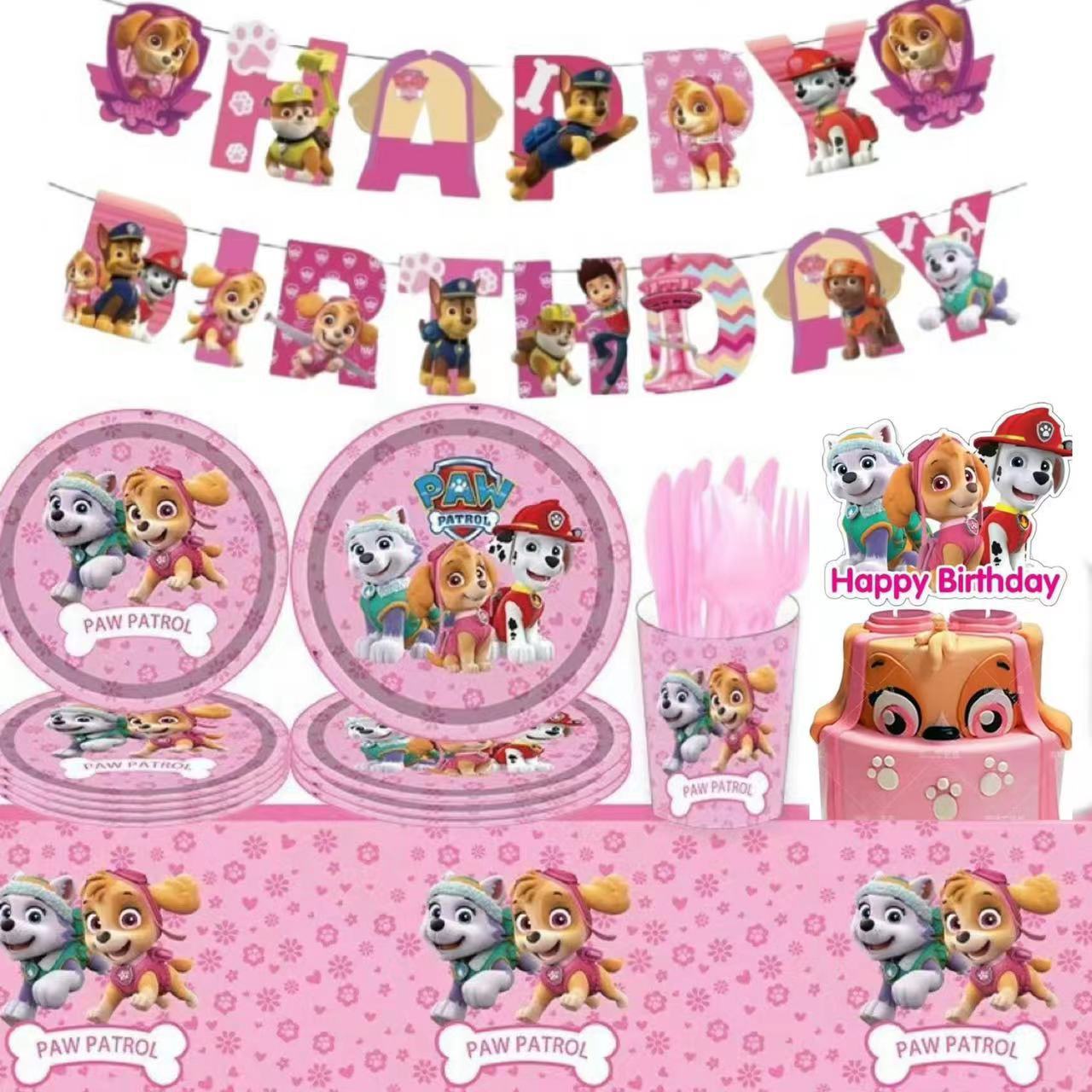 핑크 개 Paw Patrol 어린이 생일 일회용 식기 종이컵 종이 접시 파티 용품 세트 케이크 접시