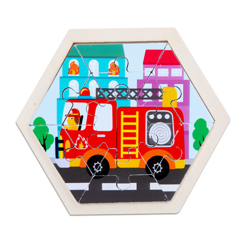 Rompecabezas de animales de dibujos animados tridimensional creativo para niños hexagonales rompecabezas de Educación Temprana de Madera Juguetes cognitivos de tráfico de frutas y verduras