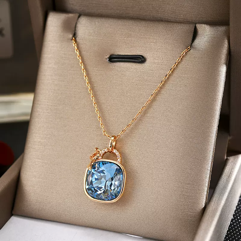 新款蓝色奥地利水晶方形锁钥匙锁骨项链ins时尚高级感网红配饰