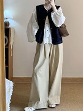 三件套装秋冬季日系通勤牛仔开衫马甲+衬衫+宽松阔腿长裤女