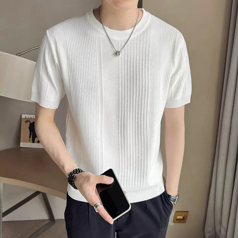夏季新款圆领短袖针织衫男士冰丝修身修身商务T恤衫外贸跨境批发