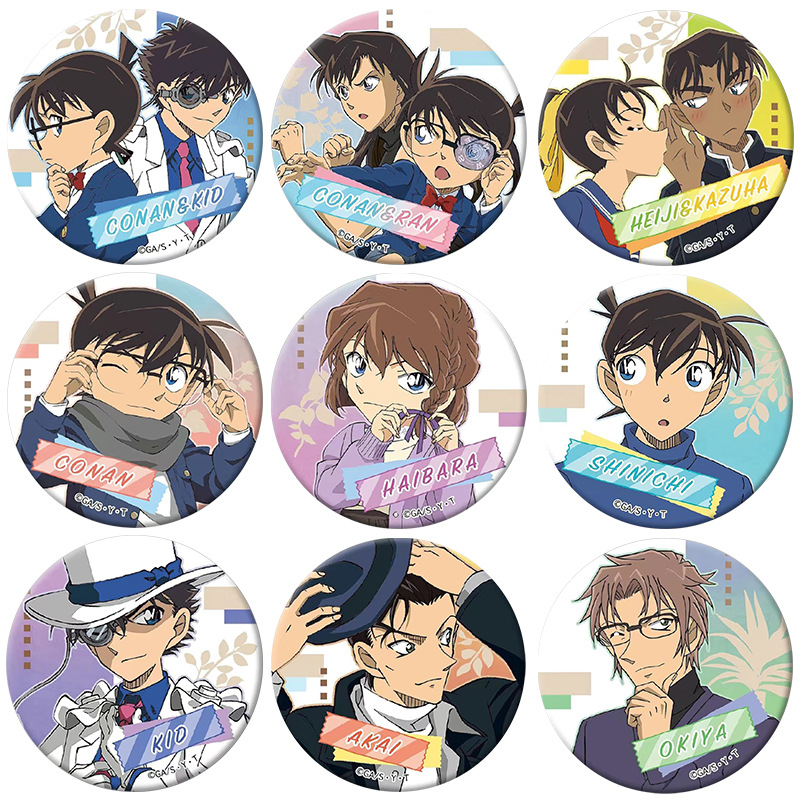 The "Baji Medal" pin badge accessories featuring Taiyo Kaito, Edogawa Conan, Shinichi Kudo, and Kir, translated into English.
