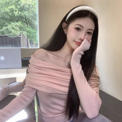 Gentle Clavicle One-Shoulder Pink Knit Sweater for Women - Autumn New Arrival Basic Crew Neck Off-the-Shoulder Top