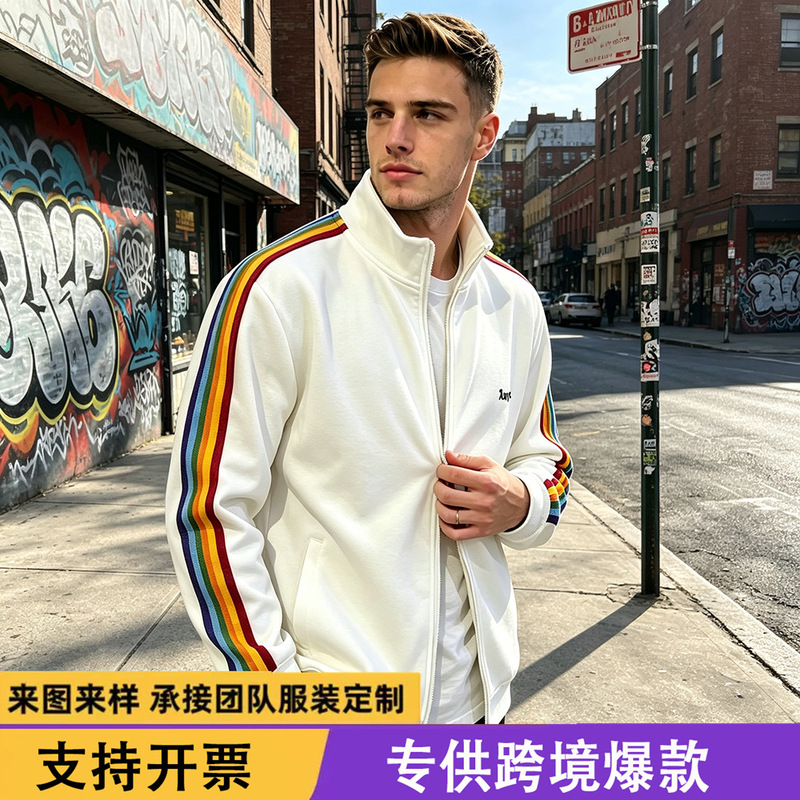 Cross-border foreign trade rainbow striped jacket, trendy Harajuku-style Japanese men's jacket, fashionable and versatile