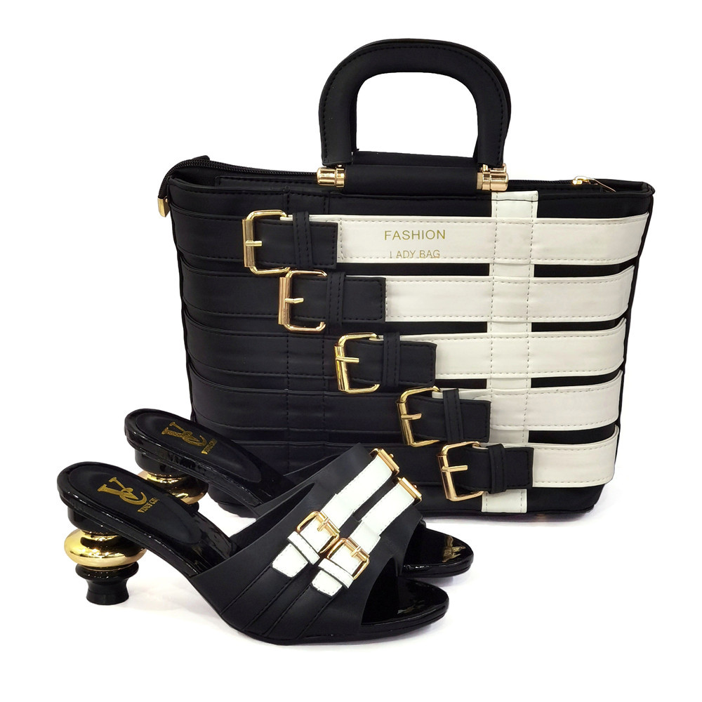 Shoes And Bags Combination Metal Buckle Popular African Ladies Round-toe Tapered Medium-heeled Shoes Spot Cross-border Matching Large Bag