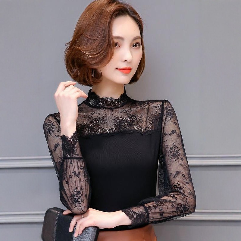 2025 New Half Turtleneck Lace Bottoming Shirt, Slim and Versatile, Slimming Look Long-Sleeved Inner Top for Women, Threaded Cotton T-Shirt