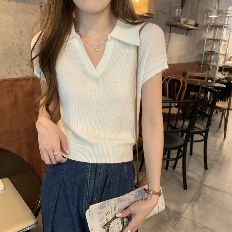 ホワイトポロカラーライトニットセーター半袖レディース夏テクスチャードショルダーボトムTシャツソフトワックスアイスシルクトップ|undefined
