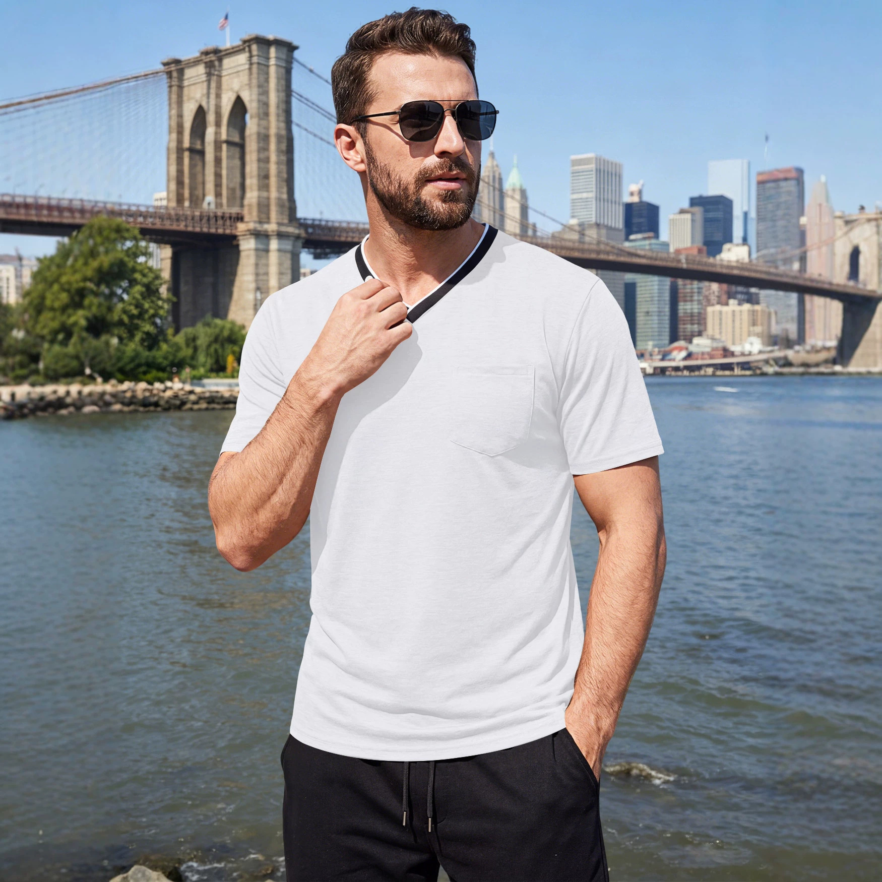 Transfronterizos eBay verano nuevo hombre color contrastante cuello V camiseta delgada grande americano con bolsillo casual deportivo mangas cortas