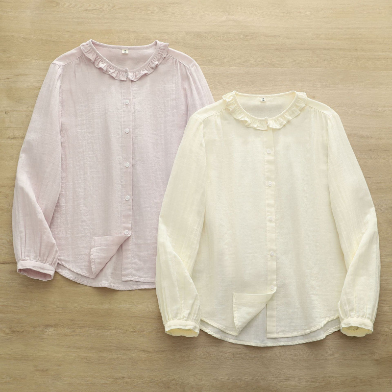 Japanese-Style Sweet Lace Double-Layer Cotton Gauze Shirt for Women, Long-Sleeve Ruffled Lace Collar, Autumn Artistic Pure Cotton Base Shirt