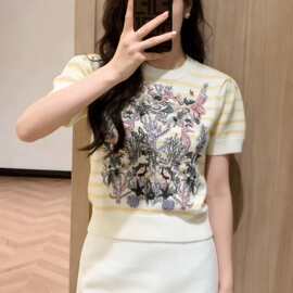 【冰丝】26早秋新款轻奢名媛风重工花卉刺绣撞色条纹短袖针织衫女