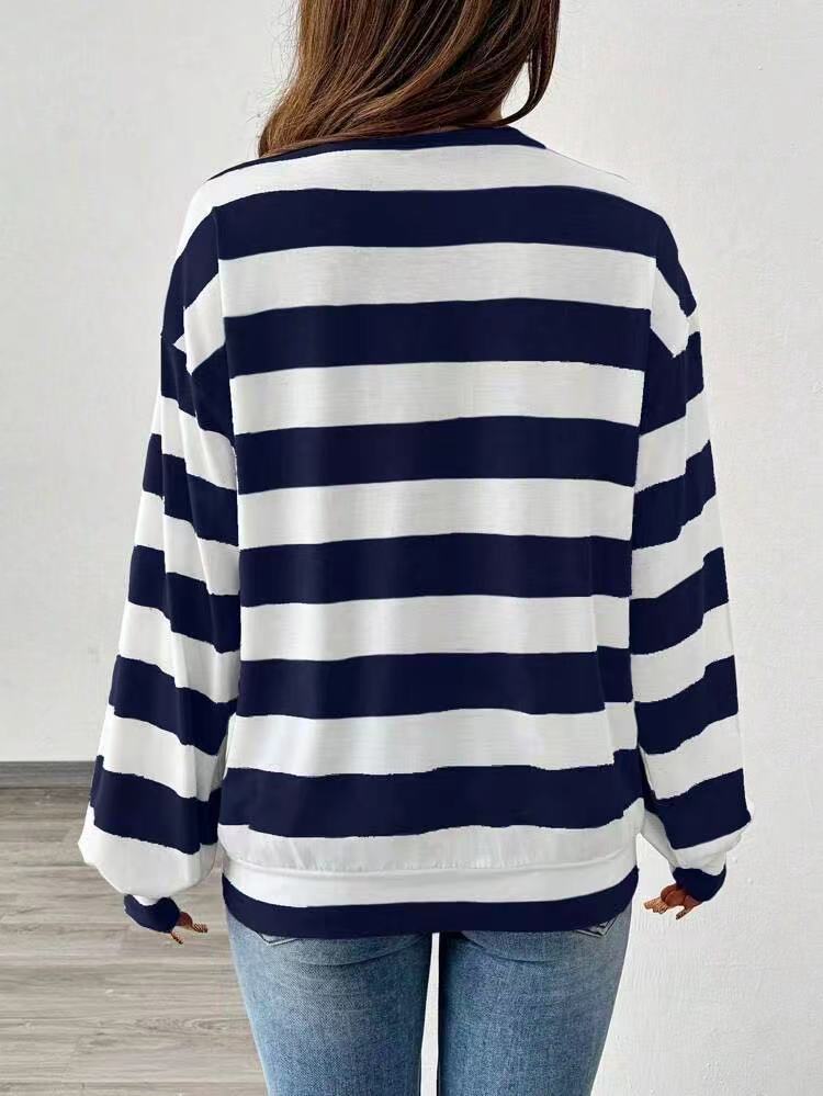 's New Cross-border Loose Striped Long-sleeve T-shirt For Women, Korean Style Versatile Top_ecoleips.com