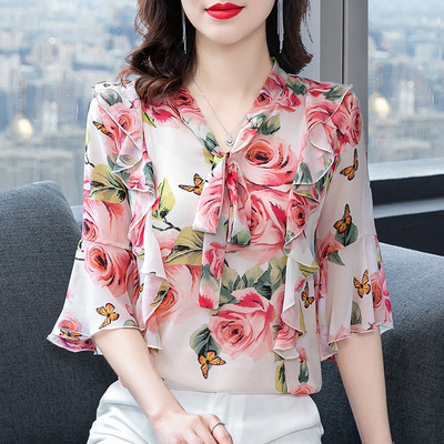 Loose women floral flowers chiffon shirt with short sleeves fashionable floral printed ruffles blouse top shirts for female