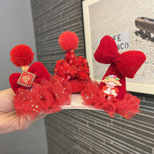 儿童新年红色帽子发箍新款女孩喜庆蝴蝶结发夹公主拜年头饰品批发