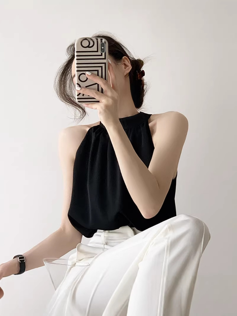 Áo sơ mi nữ chất liệu voan trắng kiểu Pháp, thiết kế cổ quàng hở vai — đen