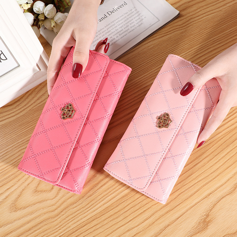 2020 new PU women's wallet long tri-fold Korean style clutch buckle rhombus Crown multi-card wallet