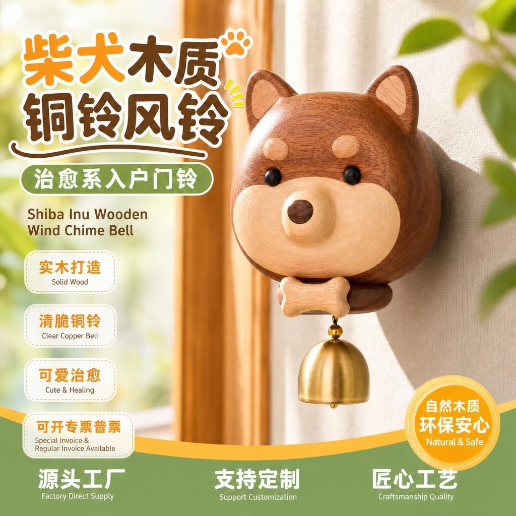 新款狗狗创意柴犬铜铃风铃入户门铃木制挂件治愈系家居装饰品