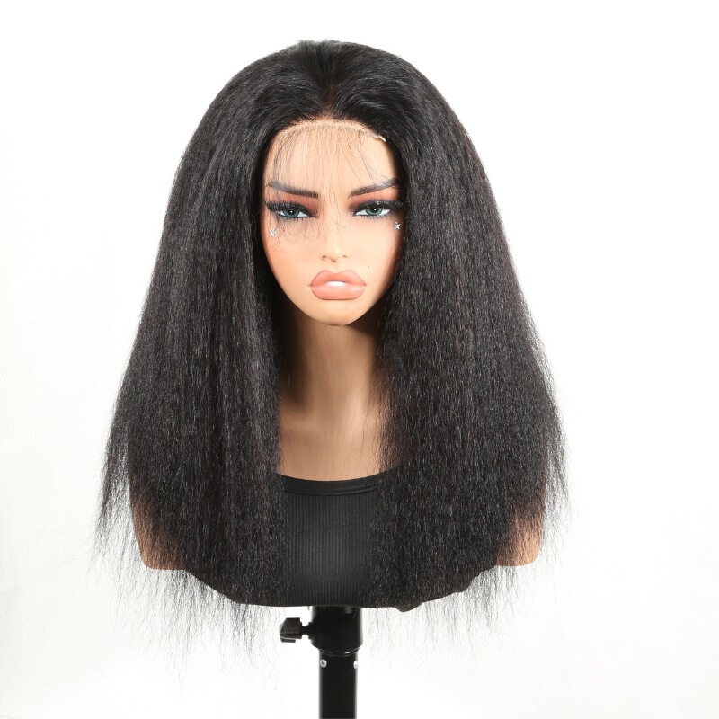 European and American Wigs Made from Real Human Hair, 4X4 Frontal Lace Kinky Straight Wigs, Glue-Free Cut Net, Cross-Border