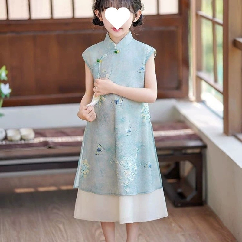 Детское платье-чонсам в стиле ханьфу, лето 2025, новинка, улучшенная модель в китайском национальном стиле для девочек.