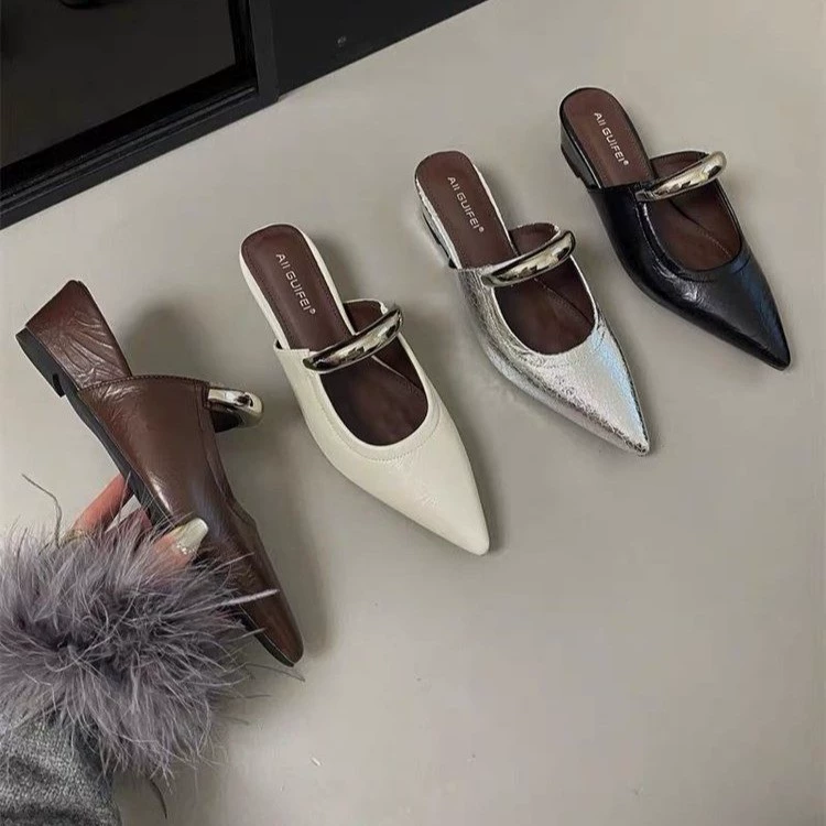 Один педаль Баотоу Половина тапочки женские одиночные туфли на каблуке 2025 новый стиль весна лето французские холодные тапочки женские толстые каблуки