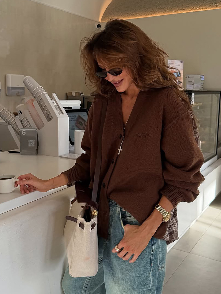 Moda chic casual tejido de lana empalmado atrás cardigan de manga larga estriado 2025 otoño nuevo estilo transfronterizo europeo y americano image 6