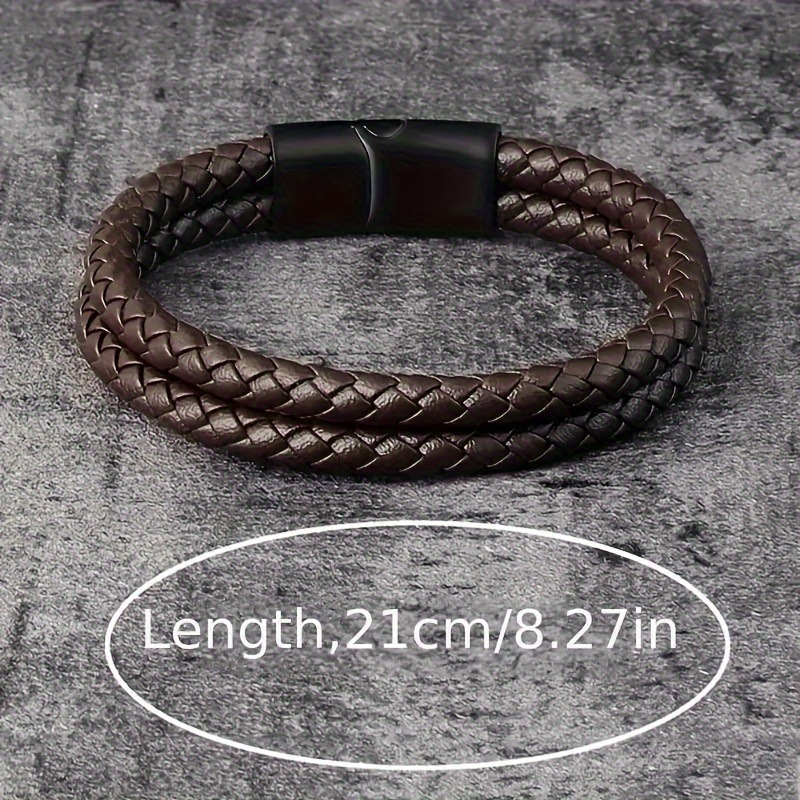 Cross-Border Popular Double-Layer High-Gloss Woven Black Leather Bracelet with Matte Clasp, Dark Style for Men, Suitable for Going Out and Dating, Stackable Wrist Accessory