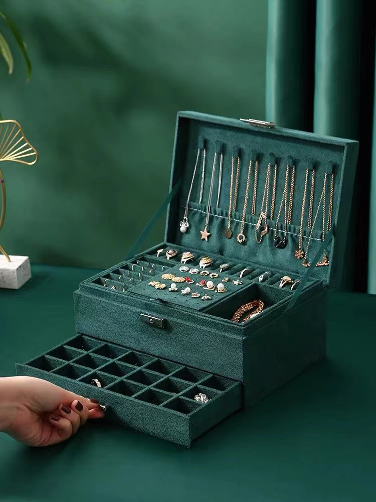Caja de joyería de tres capas de dos capas con cerradura pendientes de franela pendientes collar pulsera caja de almacenamiento de joyas de alta gama de gran capacidad