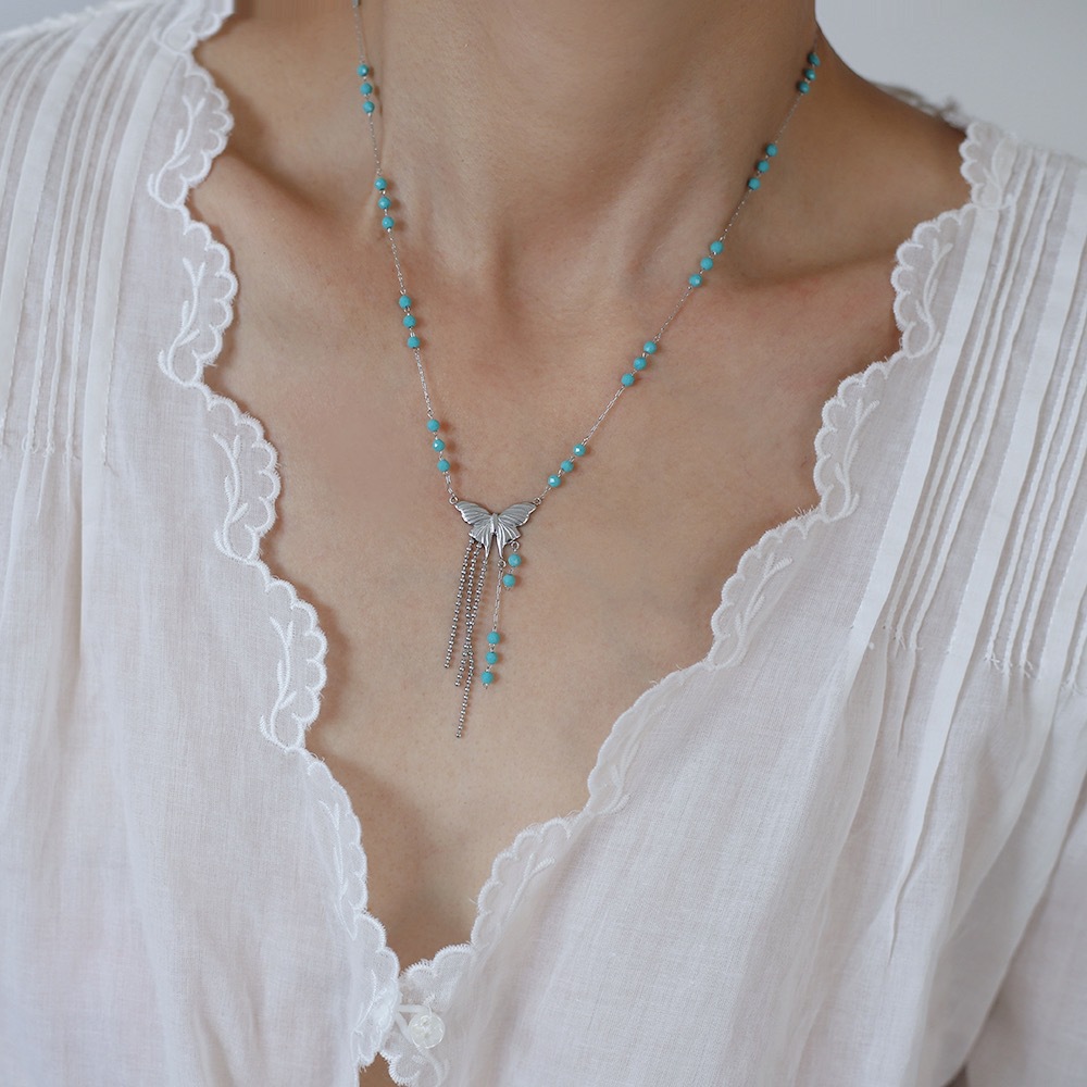 Blue Bead Butterfly Fringe Stainless Steel Necklace