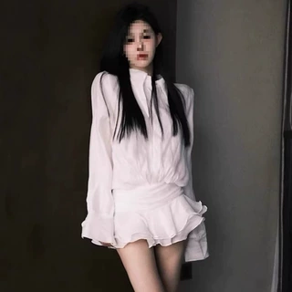 春秋度假风白色衬衫款连衣裙女气质修身收腰荷叶边超短裙跨境批发