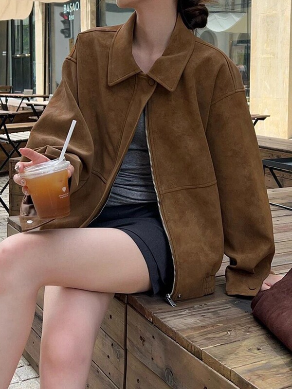 美式复古仿麂皮绒夹克外套女春秋季新款休闲宽松翻领中长款上衣潮|undefined