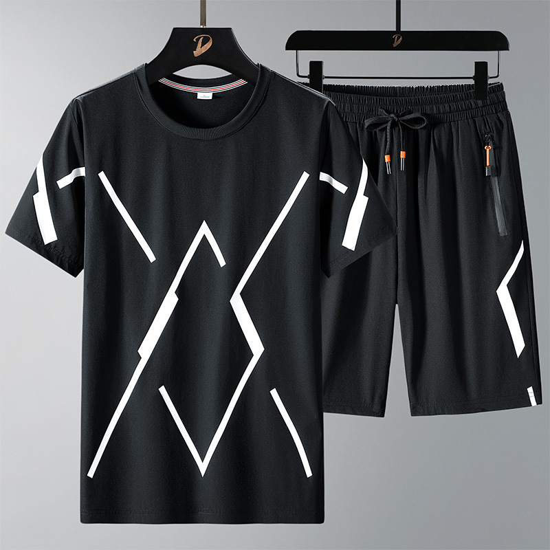 2022 Summer Sports Suit Men's Short-sleeved All-match Korean Style Extra Large Size Men's Fashionable Casual Ice Silk Two-piece Set