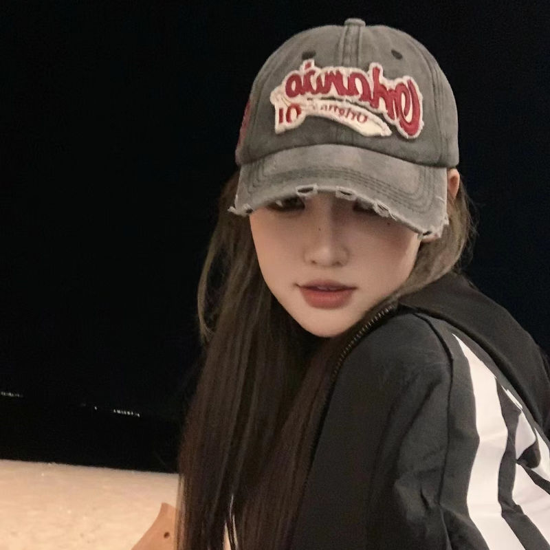 Vintage Distressed Washed Denim Baseball Cap for Women with Large Head Circumference, Face-Slimming Wide Brim Hat, Men's Sunshade Cap