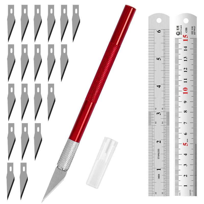 Juego de herramientas de tallado transfronterizo: cuchillo y regla de acero, cuchillo para manualidades con kit de cuchillas, regla de acero inoxidable de 15 cm para uso en bricolaje.