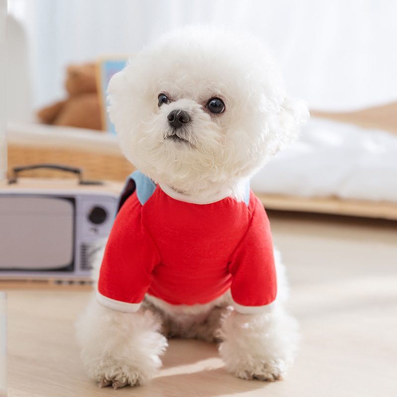 Primavera y verano perros cachorros pegatinas bordadas vaqueros falsos dos camisetas de tracción gatos de dos patas peluche ropa de perro